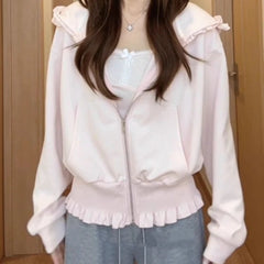 Pink Hooded Frill Hem Zipper Crop Sweatshirt