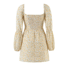 Yellow Floral Print Square Collar Smocked Long Sleeve Mini Dress