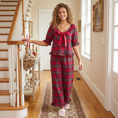 Red Tartan Plaid Ruffle Bow Puff Sleeve Top And Long Pants Pajama Set