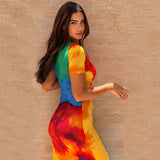 Short Sleeve Rainbow Tie Dye Print Maxi Dress
