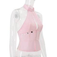 Pink  Stand Collar Button Halter Tank Top