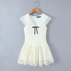 Lace Bow Lapel Collar Sleeveless Dress