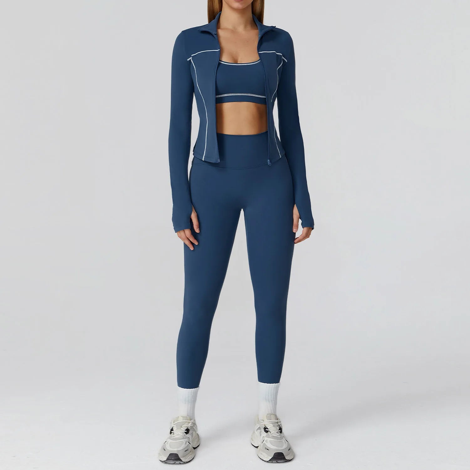 Person wearing a blue athletic outfit - front view