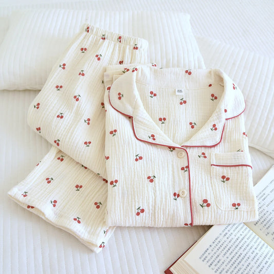Print Cherry Long Sleeve Shirt And Pants Pajama Set