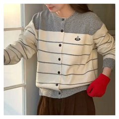 Striped Knitted Embroidered Cardigan