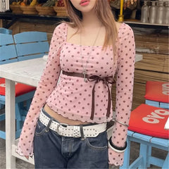 Polka Dot Mesh Flare Long Sleeve Bow Top