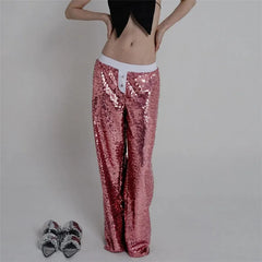 Sequined High Waisted Button Wide Leg Flared Pants