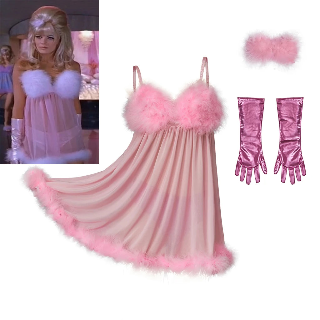 “Austin Powers-inspired pink babydoll cosplay dress with fur trim and gloves”