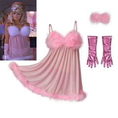 “Austin Powers-inspired pink babydoll cosplay dress with fur trim and gloves”