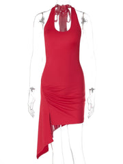 Halter U Neck Side Ruched High Split Mini Dress