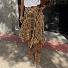Brown Plaid Asymmetrical Hem Midi Skirt