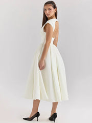 Solid Short Sleeve Flare High Neck Midi Dress