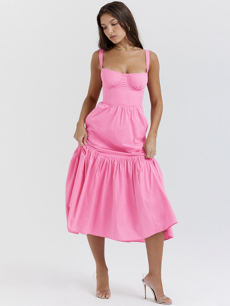 Pink Strap Midi Dress With Pocket