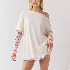Layered Floral Patchwork Boat Neck Long Sleeve Top
