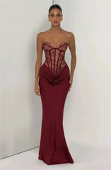 Strapless Lace Corset Satin Drape Maxi Dress
