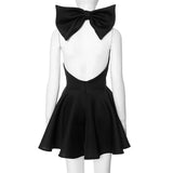 Big Bow Pleated Solid Splice Halter Neck Mini Dress