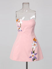 Pink Strapless Floral Embroidered Mini Dress