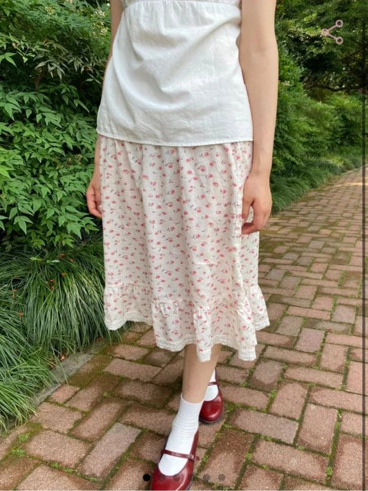 White Lace Trim Floral Midi Skirt