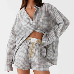 Plaid Button Down Long Sleeve Blouse And Shorts Set