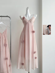 Pink 3D Flowers Slip Maxi Dress