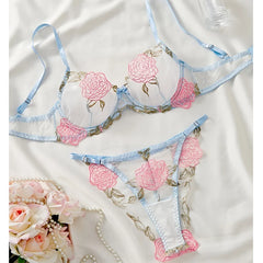 Women's lingerie set with delicate rose embroidery and sheer details.