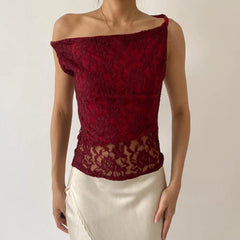 Red lace top worn by a person