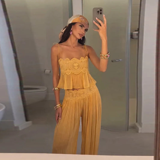 Lace Embroidered Square Neck Sheer Crop Top And Wide Pants Set