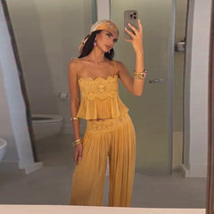 Lace Embroidered Square Neck Sheer Crop Top And Wide Pants Set