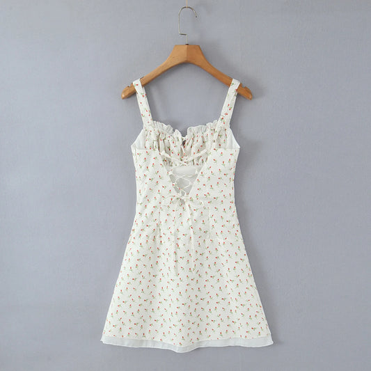 White Rose Flower Print Ruched Chest Mini Dress
