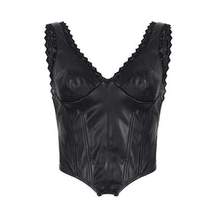 Black Lace Trim Pu Leather Crop Top
