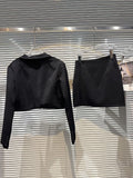 Rhinestone Bow Shoulder Pad Black High Waist Short Skirt Suits