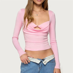 Long Sleeve Pearl Cowl Neck Bralette Top