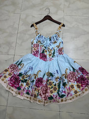 Blue Floral Printed Corset A-Line Mini Dress