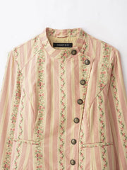 Floral Striped Jacquard  Diagonal Button Stand Collar Jacket