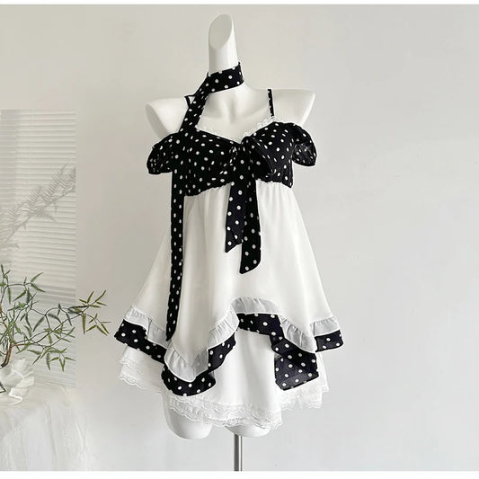 White Frill Black Polka Dot Patchwork Mini Dress