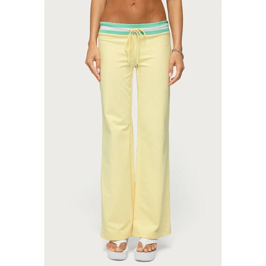 Yellow Striped Waist Contrast Drawstring Wide Leg Pants