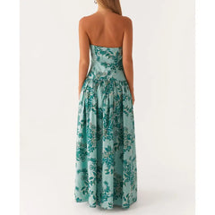 Strapless Dot/Floral Print Pleated Tube Long Dress