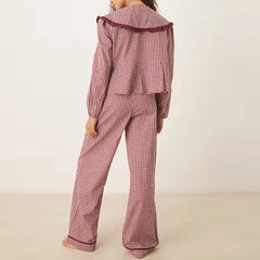 Burgendy Bow Tie Plaid Long Sleeve Babydoll Shirt And Pants Pajamas Set