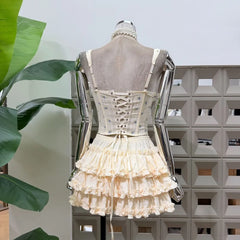 Floral Corset Hook Strappy Top And Frill Mini Skirt Set