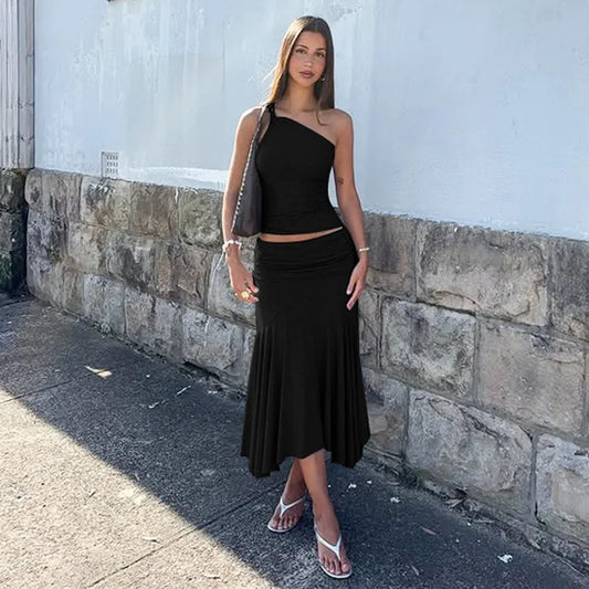 One Shoulder Crop Top And Solid Midi Skirt Set