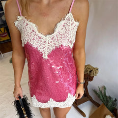Spaghetti Strap Sequin Lace Patchwork Mini Dress