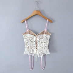 White Lace Pink Bow Strap Corset Top Free From Label