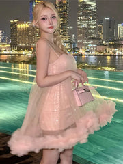 Pink Mesh Sequin Layered Babydoll Mini Dress