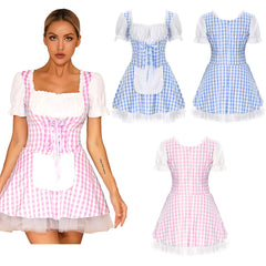 “Pink gingham plaid halloween maid costume dress”