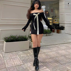 Black Off-Shoulder Long Sleeve Bow Mini Dress - Free From Label