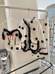 White Polka Dot Print Fleece Pajama 3 Piece Set