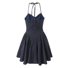 Blue Striped Halter Neck Short Dress