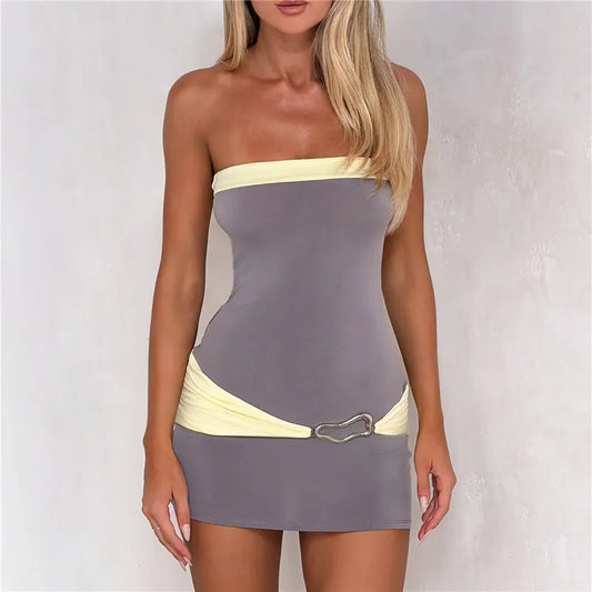 Colour Block Strapless Metal Buckle Mini Bodycon Dress