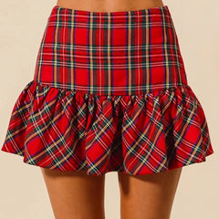 Plaid Ruffled A Line Mini Skirt