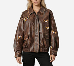 Brown Embroidery Butterfly Faux Leather Bomber Jacket